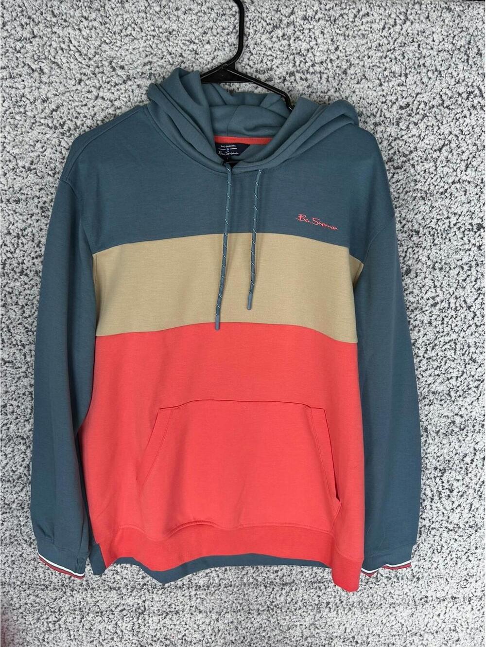 Ben Sherman Colorblock Hoodie Mens Sz Large Blue Tan Coral Salmon Long Sleeve